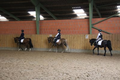 Drei Reitschülerinnen auf Ponys hintereinander in der Reithalle