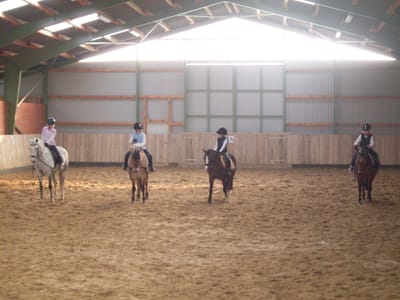 Vier Reiterinnen auf Ponys in der hellen Reithalle