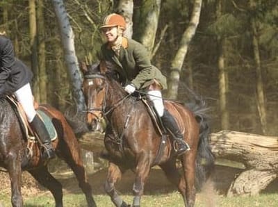 Zwei Reiter galoppieren beim Geländeritt durch den Wald