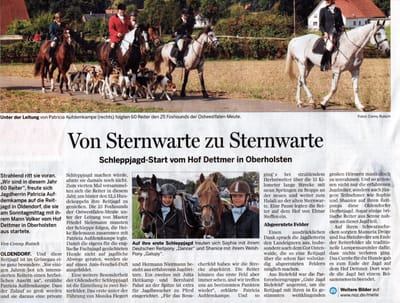 Zeitungsartikel über die Schleppjagd vom Hof Dettmer in Oberholsten mit Reitern und Hundemeute